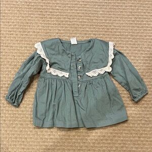 Kate Quinn Teal Button-Up Cotton Blouse with Lace